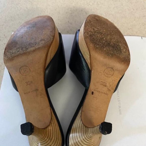 Auth. Chanel Leather Heels Sandals With Wooden Platform Size 5, 5 Made in Italy - Picture 4 of 9